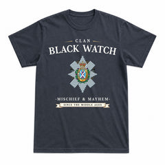 Black Watch Weathered Tartan Crest Mischief and Mayhem T-shirt