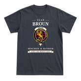 Broun Modern Tartan Crest Mischief and Mayhem T-shirt