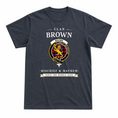 Brown Modern Tartan Crest Mischief and Mayhem T-shirt