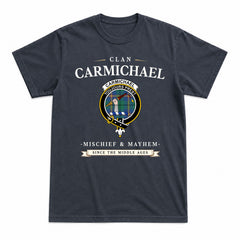 Carmichael Ancient Tartan Crest Mischief and Mayhem T-shirt
