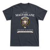MacFarlane Hunting Ancient Tartan Crest Mischief and Mayhem T-shirt