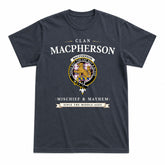 MacPherson Hunting Modern Tartan Crest Mischief and Mayhem T-shirt
