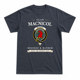 MacNicol Hunting Ancient Tartan Crest Mischief and Mayhem T-shirt
