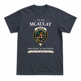 McAulay Hunting Ancient Tartan Crest Mischief and Mayhem T-shirt
