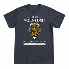 McIntosh Hunting Modern Tartan Crest Mischief and Mayhem T-shirt