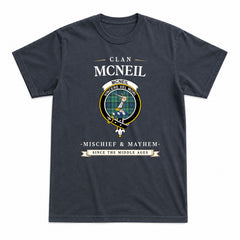 McNeil of Colonsay Ancient Tartan Crest Mischief and Mayhem T-shirt
