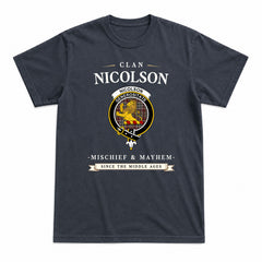 Nicolson Hunting Weathered Tartan Crest Mischief and Mayhem T-shirt