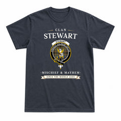 Stewart Hunting Weathered Tartan Crest Mischief and Mayhem T-shirt
