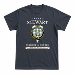 Stewart Muted Blue Tartan Crest Mischief and Mayhem T-shirt