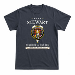 Stewart Royal Modern Tartan Crest Mischief and Mayhem T-shirt