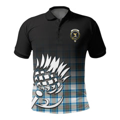 Stewart Muted Blue Tartan Crest Polo Shirt - Thistle Black Style