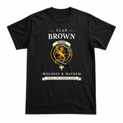 Brown Ancient Tartan Crest Mischief and Mayhem T-shirt