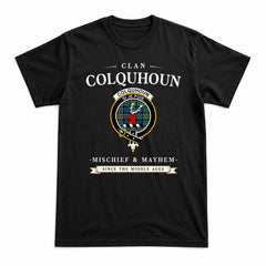 Colquhoun Ancient Tartan Crest Mischief and Mayhem T-shirt