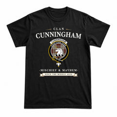 Cunningham Burgundy Dancers Tartan Crest Mischief and Mayhem T-shirt