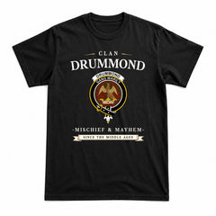 Drummond Clan Tartan Crest Mischief and Mayhem T-shirt