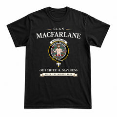MacFarlane Hunting Ancient Tartan Crest Mischief and Mayhem T-shirt