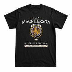 MacPherson Hunting Ancient Tartan Crest Mischief and Mayhem T-shirt