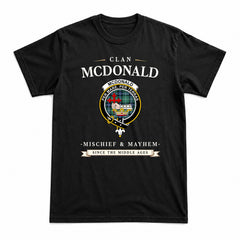 McDonald of the Isles Hunting Ancient Tartan Crest Mischief and Mayhem T-shirt