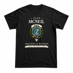 McNeil of Colonsay Ancient Tartan Crest Mischief and Mayhem T-shirt
