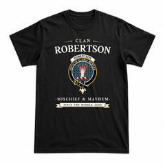 Robertson Hunting Ancient Tartan Crest Mischief and Mayhem T-shirt