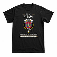 Shaw Red Modern Tartan Crest Mischief and Mayhem T-shirt