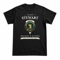 Stewart Old Modern Tartan Crest Mischief and Mayhem T-shirt
