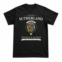 Sutherland Old Ancient Tartan Crest Mischief and Mayhem T-shirt