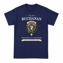 Buchanan Ancient Tartan Crest Mischief and Mayhem T-shirt
