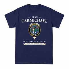 Carmichael Ancient Tartan Crest Mischief and Mayhem T-shirt