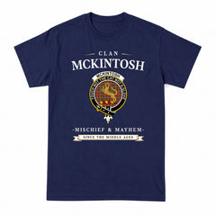 McKintosh Hunting Weathered Tartan Crest Mischief and Mayhem T-shirt