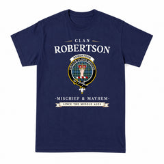 Robertson Hunting Ancient Tartan Crest Mischief and Mayhem T-shirt