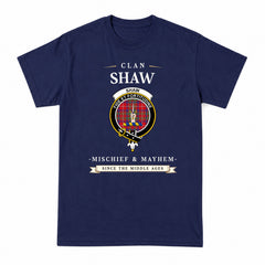 Shaw Red Modern Tartan Crest Mischief and Mayhem T-shirt