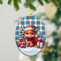Stewart Muted Blue Tartan Christmas Ceramic Ornament - Highland Cow Winter Style