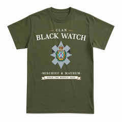 Black Watch Weathered Tartan Crest Mischief and Mayhem T-shirt