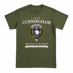 Cunningham Dress Blue Dancers Tartan Crest Mischief and Mayhem T-shirt