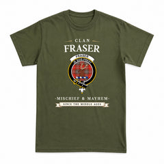 Fraser (of Lovat) Weathered Tartan Crest Mischief and Mayhem T-shirt