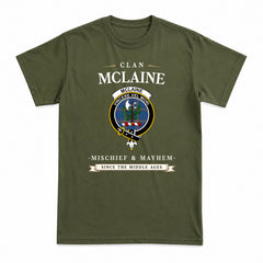 McLaine of Loch Buie Hunting Ancient Tartan Crest Mischief and Mayhem T-shirt