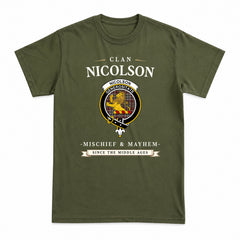 Nicolson Hunting Weathered Tartan Crest Mischief and Mayhem T-shirt