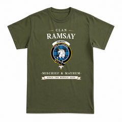 Ramsay Blue Ancient Tartan Crest Mischief and Mayhem T-shirt