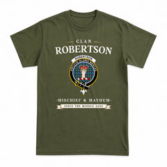 Robertson Hunting Ancient Tartan Crest Mischief and Mayhem T-shirt