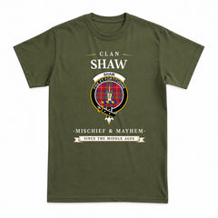 Shaw Red Modern Tartan Crest Mischief and Mayhem T-shirt