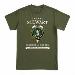 Stewart Hunting Modern Tartan Crest Mischief and Mayhem T-shirt