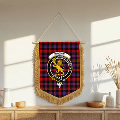 Brown Modern Tartan Crest Wall Hanging Banner - Wood Pole