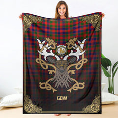 Gow (or McGouan) Tartan Crest Premium Blanket - Celtic Stag style