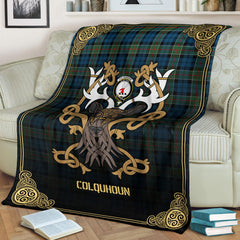 Colquhoun Ancient Tartan Crest Premium Blanket - Celtic Stag style