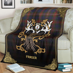Fraser (of Lovat) Hunting Modern Tartan Crest Premium Blanket - Celtic Stag style