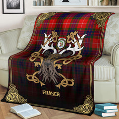 Fraser Tartan Crest Premium Blanket - Celtic Stag style