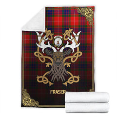 Fraser (of Lovat) Modern Tartan Crest Premium Blanket - Celtic Stag style
