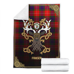 Fraser Tartan Crest Premium Blanket - Celtic Stag style