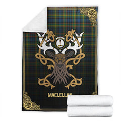MacLellan Ancient Tartan Crest Premium Blanket - Celtic Stag style